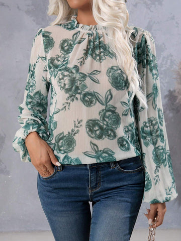 Women's Floral Print Stand Collar Long Sleeve Elegant Shirt