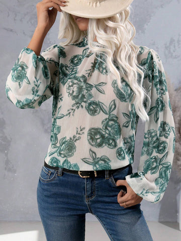 Women's Floral Print Stand Collar Long Sleeve Elegant Shirt