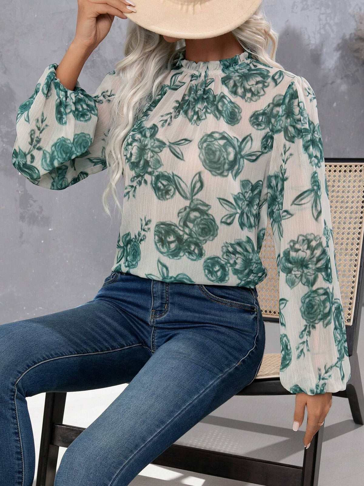 Women's Floral Print Stand Collar Long Sleeve Elegant Shirt