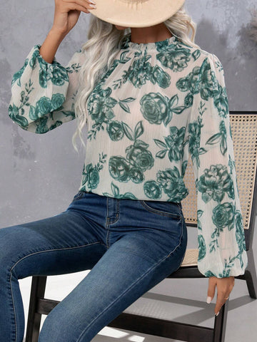 Women's Floral Print Stand Collar Long Sleeve Elegant Shirt