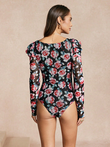 Almamuse Women's Floral Print Sweetheart Collar Bodysuit With Bishop Sleeves, Casual