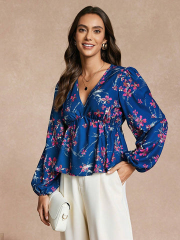 Women's Floral Print V-Neck Lantern Sleeve Casual Shirt