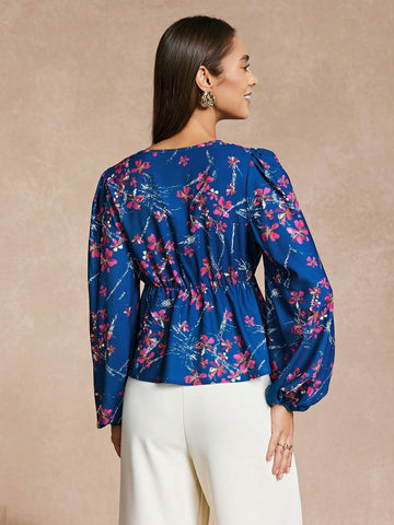 Women's Floral Print V-Neck Lantern Sleeve Casual Shirt