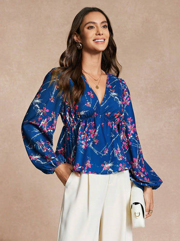 Women's Floral Print V-Neck Lantern Sleeve Casual Shirt