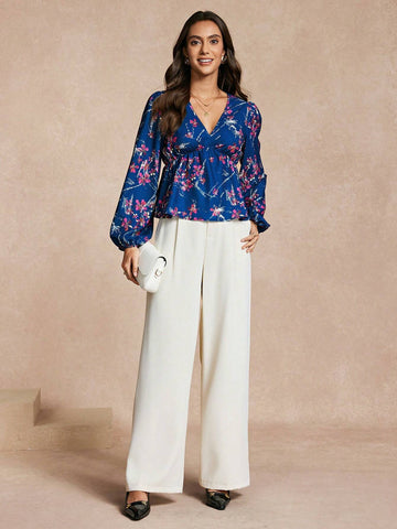 Women's Floral Print V-Neck Lantern Sleeve Casual Shirt