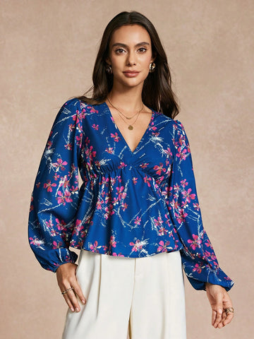 Women's Floral Print V-Neck Lantern Sleeve Casual Shirt
