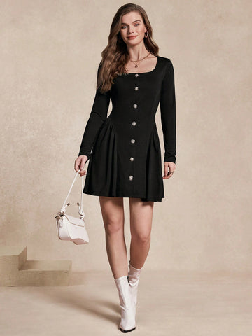 Almamuse Women's French Elegant Short Dress With Square Collar