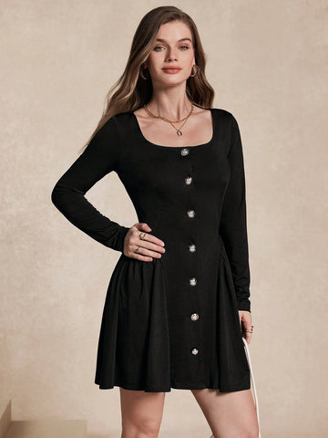 Almamuse Women's French Elegant Short Dress With Square Collar