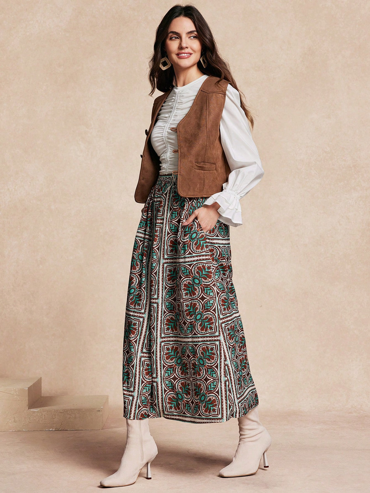 Almamuse Women's Pocket Printing Casual A-Line Skirt