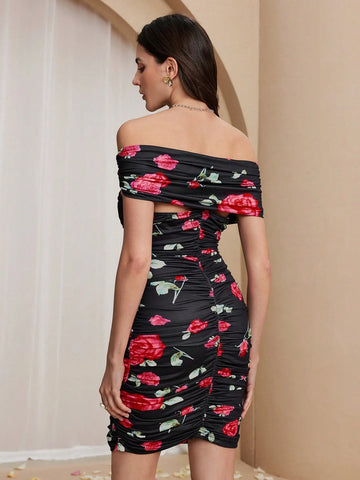 Almamuse Women's Rose Flower Off Shoulder Bodycon Mini Dress