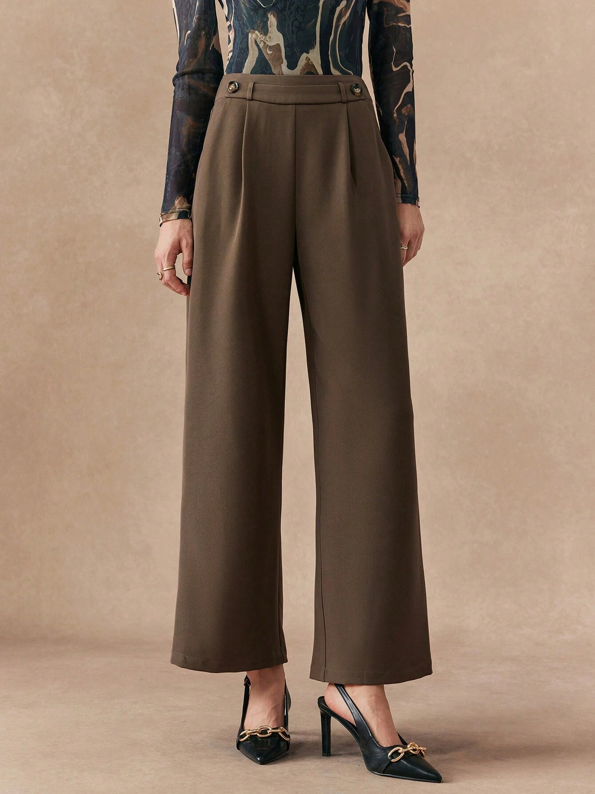 Almamuse Women's Solid Color Button Front Casual Pants, Everyday Wear