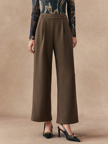 Almamuse Women's Solid Color Button Front Casual Pants, Everyday Wear