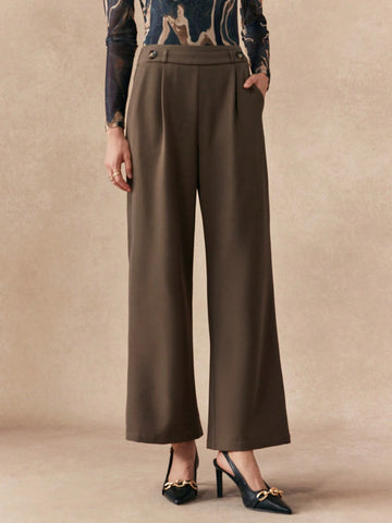 Almamuse Women's Solid Color Button Front Casual Pants, Everyday Wear