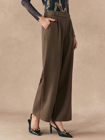 Almamuse Women's Solid Color Button Front Casual Pants, Everyday Wear