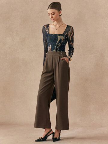 Almamuse Women's Solid Color Button Front Casual Pants, Everyday Wear