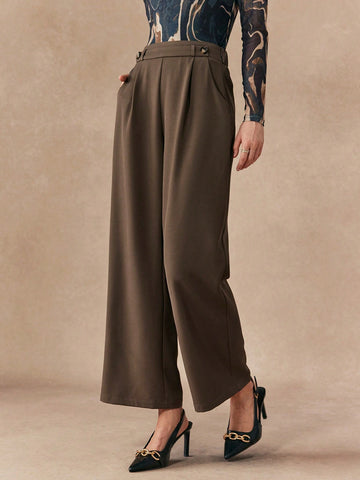 Almamuse Women's Solid Color Button Front Casual Pants, Everyday Wear