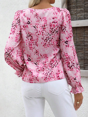 Almamuse Women's Spring/Summer Elegant Leopard Print Button-Down Long Sleeve Shirt