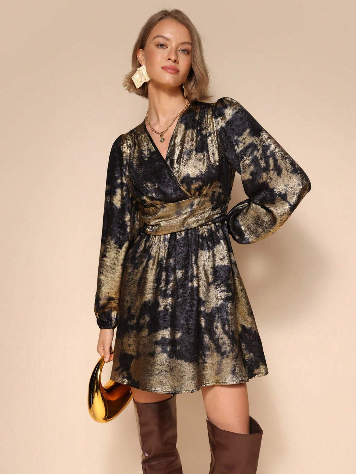 Almamuse Women's Vintage Elegant Tie Dye Print Surplice Neck Lantern Sleeve Cinched Waist Short Dress