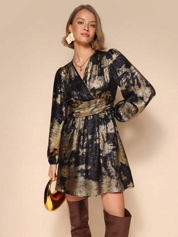 Almamuse Women's Vintage Elegant Tie Dye Print Surplice Neck Lantern Sleeve Cinched Waist Short Dress