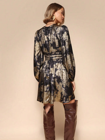 Almamuse Women's Vintage Elegant Tie Dye Print Surplice Neck Lantern Sleeve Cinched Waist Short Dress