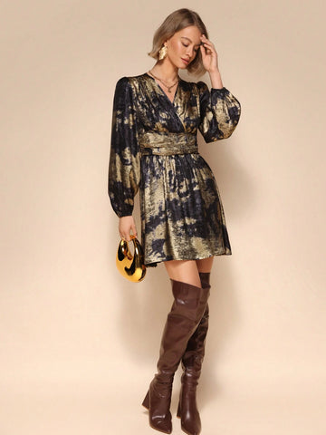 Almamuse Women's Vintage Elegant Tie Dye Print Surplice Neck Lantern Sleeve Cinched Waist Short Dress