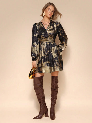 Almamuse Women's Vintage Elegant Tie Dye Print Surplice Neck Lantern Sleeve Cinched Waist Short Dress