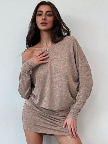 Aloruh 1pc Asymmetrical Neck Long Sleeve Modern Short Brown Mini Dress For Women