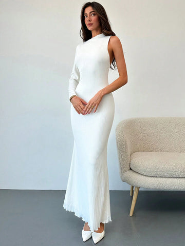 Aloruh 1pc White Sexy Backless Spaghetti Strap Long Sleeve Fitted Dress