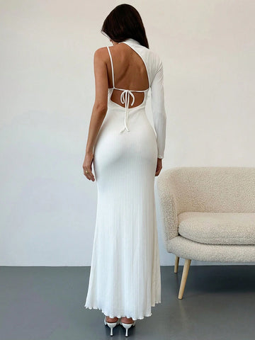 Aloruh 1pc White Sexy Backless Spaghetti Strap Long Sleeve Fitted Dress