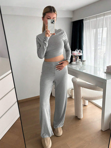 Aloruh 2pcs/Set Women Crew Neck Fitted T-Shirt + Slim Fit Casual Pants, All-Match Matching Sets