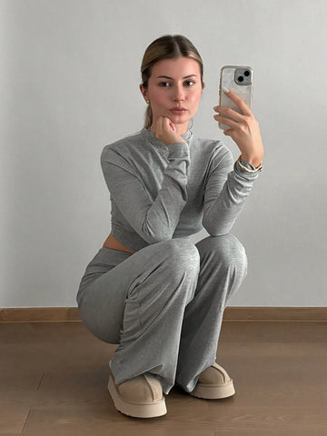 Aloruh 2pcs/Set Women Crew Neck Fitted T-Shirt + Slim Fit Casual Pants, All-Match Matching Sets