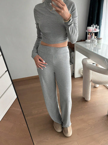Aloruh 2pcs/Set Women Crew Neck Fitted T-Shirt + Slim Fit Casual Pants, All-Match Matching Sets