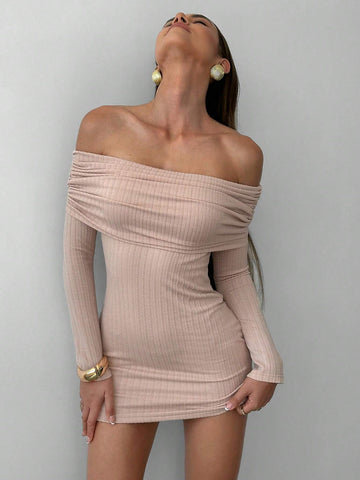Aloruh Apricot Off-Shoulder Sheer Long Sleeve Fitted Mini Dress, Textured Fabric For Romantic Date & Vacation