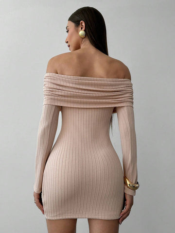 Aloruh Apricot Off-Shoulder Sheer Long Sleeve Fitted Mini Dress, Textured Fabric For Romantic Date & Vacation