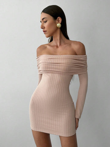 Aloruh Apricot Off-Shoulder Sheer Long Sleeve Fitted Mini Dress, Textured Fabric For Romantic Date & Vacation