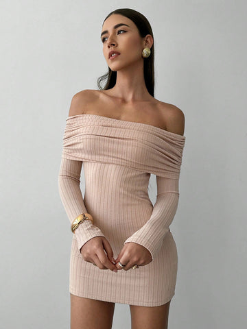 Aloruh Apricot Off-Shoulder Sheer Long Sleeve Fitted Mini Dress, Textured Fabric For Romantic Date & Vacation