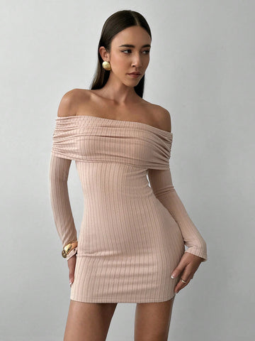 Aloruh Apricot Off-Shoulder Sheer Long Sleeve Fitted Mini Dress, Textured Fabric For Romantic Date & Vacation