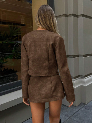 Aloruh Autumn/Winter New Arrival PU Leather Jacket And A-Line Skirt 2-Piece Set For Women