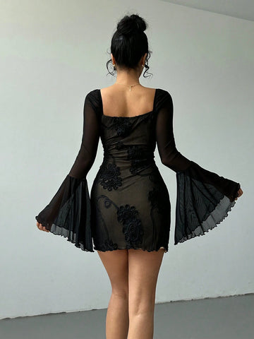 Aloruh Black Long Sleeve Mini Dress, Autumn/Winter Jacquard Fabric Mesh Material