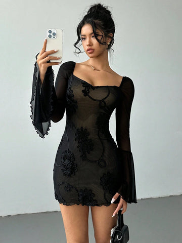 Aloruh Black Long Sleeve Mini Dress, Autumn/Winter Jacquard Fabric Mesh Material