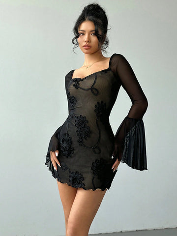 Aloruh Black Long Sleeve Mini Dress, Autumn/Winter Jacquard Fabric Mesh Material