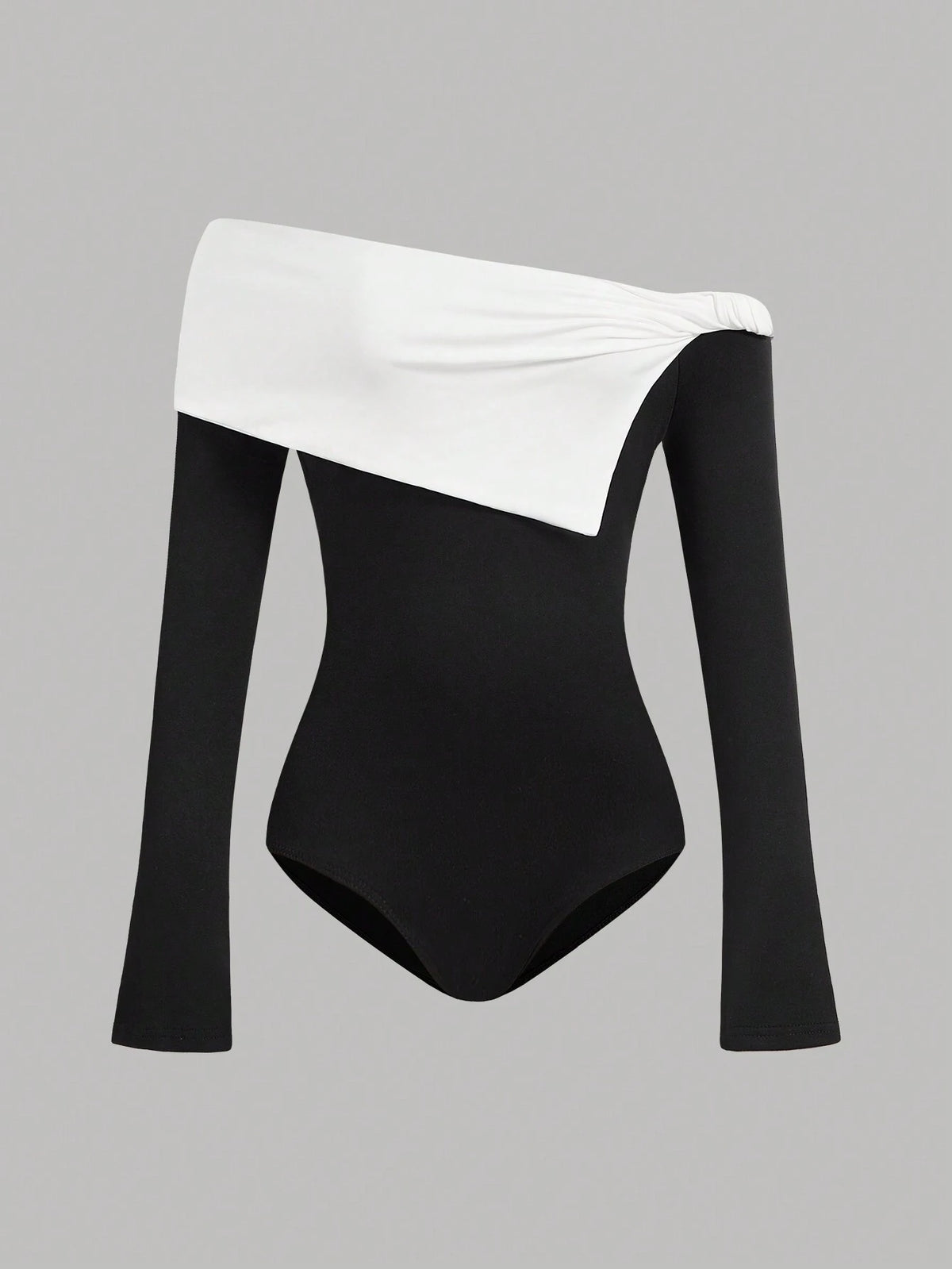 Black & White Contrasting Asymmetrical Collar Ruched Long Sleeve Romper