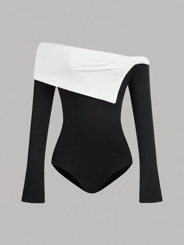 Black & White Contrasting Asymmetrical Collar Ruched Long Sleeve Romper