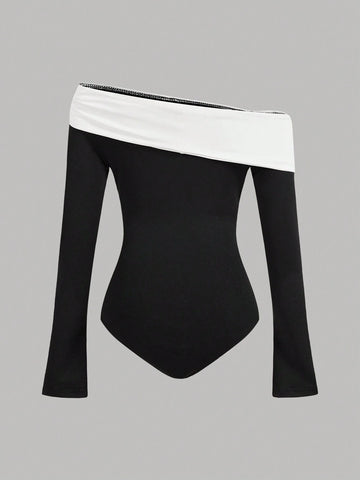 Black & White Contrasting Asymmetrical Collar Ruched Long Sleeve Romper