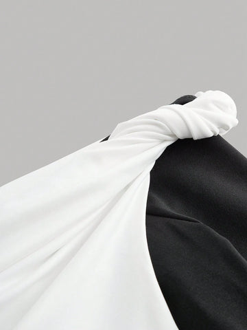 Black & White Contrasting Asymmetrical Collar Ruched Long Sleeve Romper