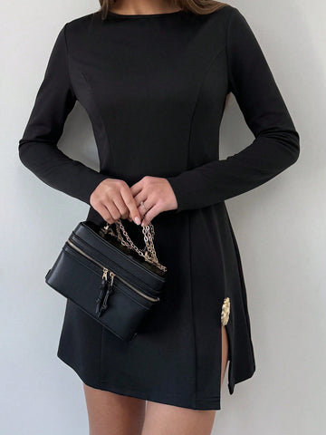 Aloruh Boat Neck Long Sleeve Black Mini Split Metal Buckle Decor Dress For Women, Autumn/Winter