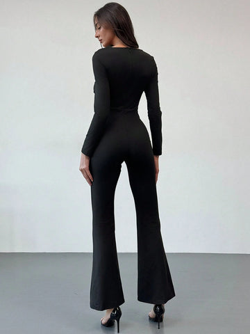 Aloruh Bow Metal Decor Turtleneck Long Sleeve Bodycon Flare Jumpsuit For Women