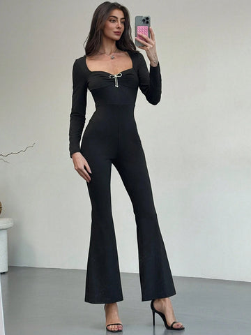 Aloruh Bow Metal Decor Turtleneck Long Sleeve Bodycon Flare Jumpsuit For Women