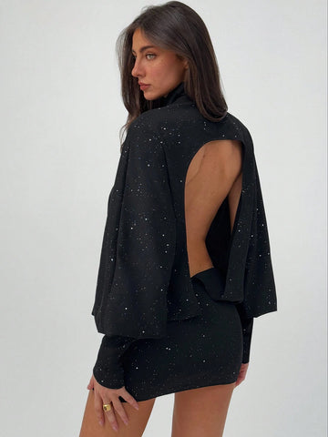 Aloruh Burgundy High Neck Batwing Sleeve Backless Mini Dress For Women