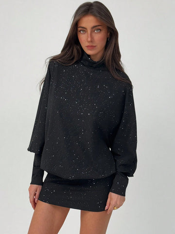 Aloruh Burgundy High Neck Batwing Sleeve Backless Mini Dress For Women